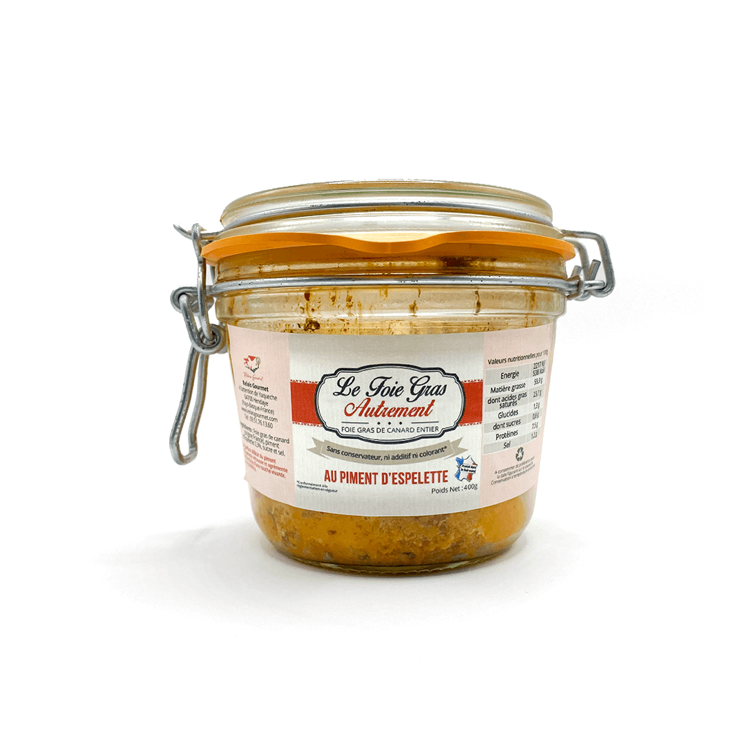 Tarro de foie gras de pato con piment d'Espelette de 400g, marca 'Le Foie Gras Autrement