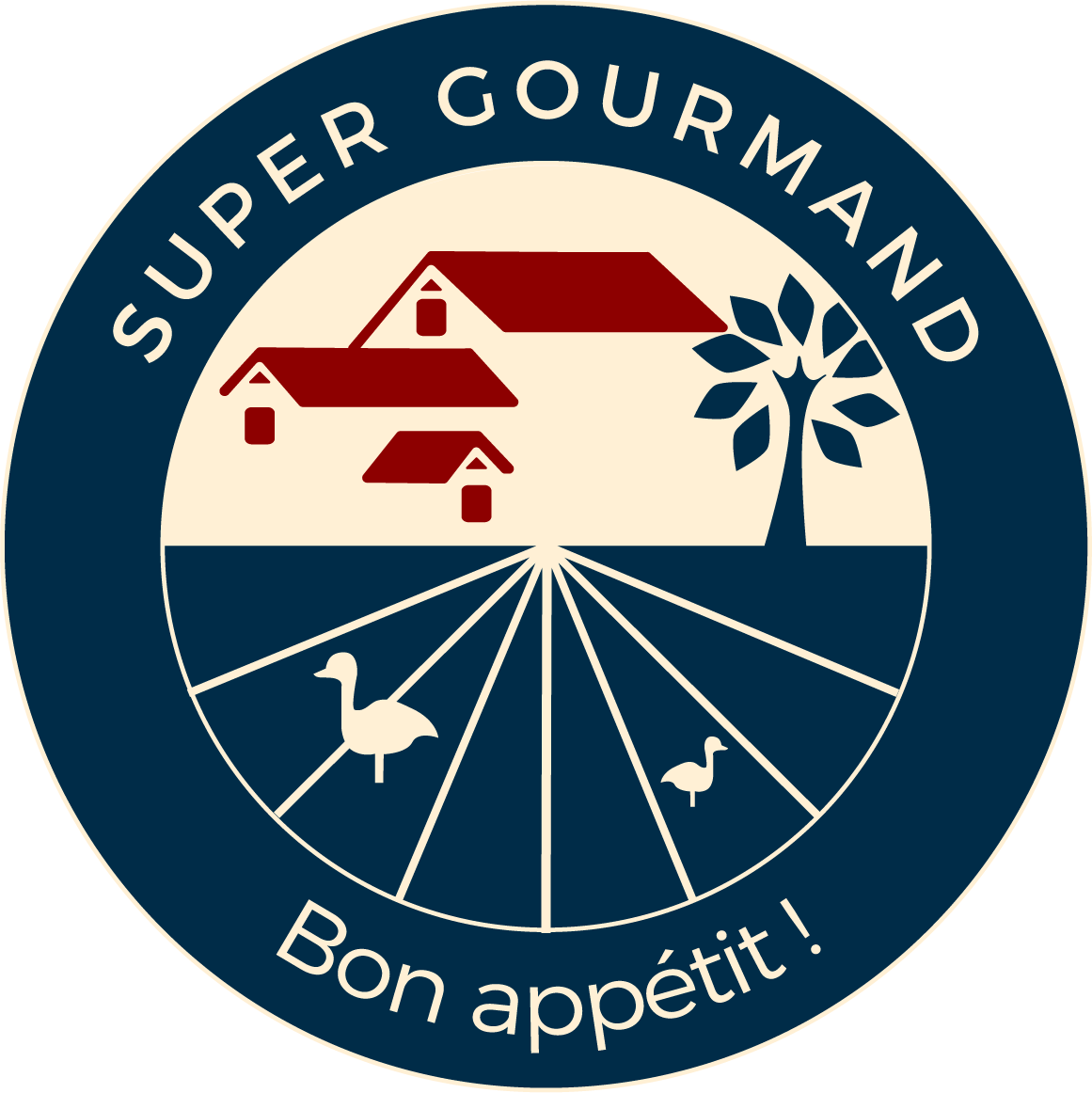 Super Gourmand logo with a circular design. At the top, the text 'RELAIS GOURMET' is arched over a navy blue background. Below, a stylized illustration of a red farmhouse with a white tree stands at the center of a field divided into radial sections, representing a landscape. At the bottom of the circle, it reads 'MAISON GASTRONOMIQUE AU PAYS BASQUE', indicating a gastronomic house in the Basque Country. The logo's background is cream and navy blue, and there are images of two cream-colored ducks at the bottom, one on each side, completing the design.