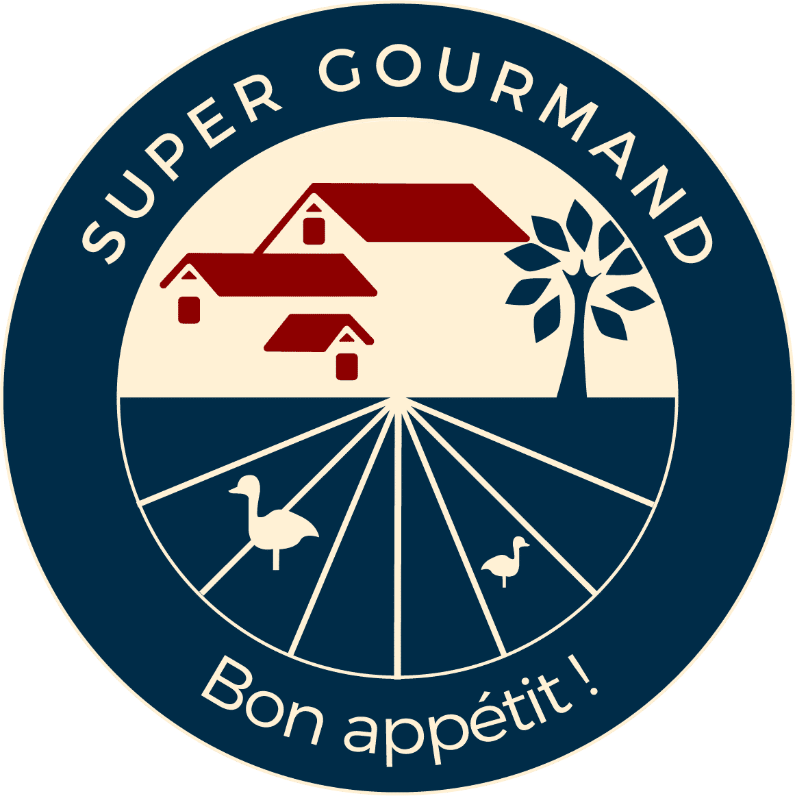 Super Gourmand logo with a circular design. At the top, the text 'RELAIS GOURMET' is arched over a navy blue background. Below, a stylized illustration of a red farmhouse with a white tree stands at the center of a field divided into radial sections, representing a landscape. At the bottom of the circle, it reads 'MAISON GASTRONOMIQUE AU PAYS BASQUE', indicating a gastronomic house in the Basque Country. The logo's background is cream and navy blue, and there are images of two cream-colored ducks at the bottom, one on each side, completing the design.